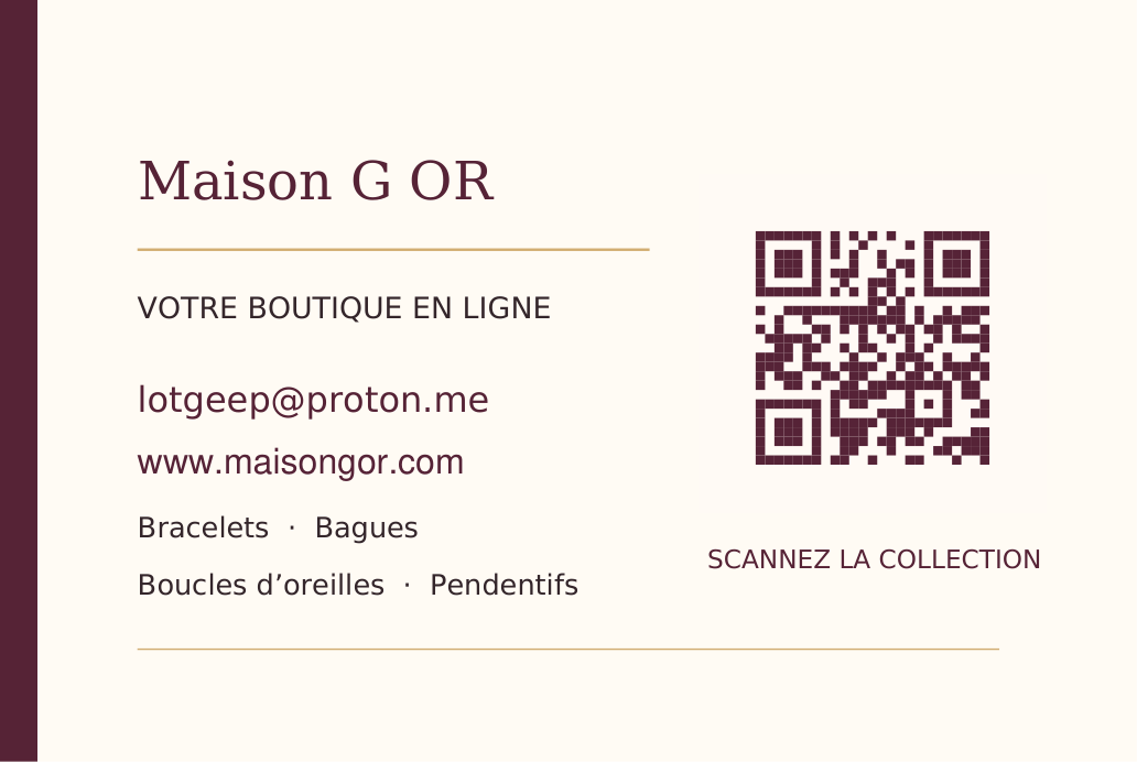 Verso de la carte Maison G OR avec e-mail et QR code vers la boutique